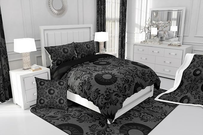 Feelyou Adults Gothic Comforter Set Queen Size Dark Olive Green Damask Bedding Set for Kids Boys Girls Sun and Moon Duvet Quilt Bedroom Decor Microfiber 3 Pcs with 2 Pillow Cases