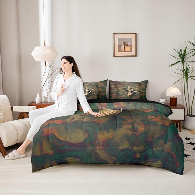 Erosebridal Mallard Duck King Size Comforter Set with Sheets | Duck Camo 7-Piece Bedding Set Mens Country Bed in a Bag, Farmhouse Woodland Animals Bed Sets,Abstract Camouflage Cabin Hunting Decor