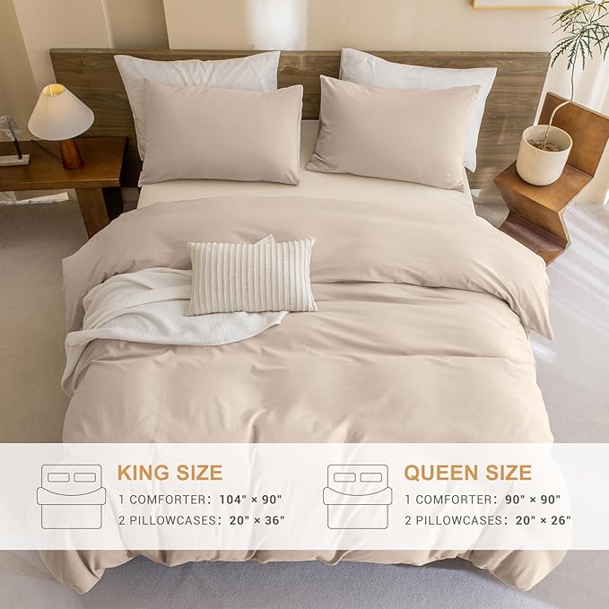 Sanracie Queen Size Comforter Sets, Pre-Washed Cotton Beige Khaki Colored Bedding Comforter Sets 3Pcs Extra Soft Breathable Bed Comforter Set for All Season
