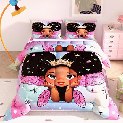 Black Girl Comforter Set, 3D Rainbow Pink glaxy Pattern for Kids Girls Adults,Decorative Bedding Comforter Sets with 2 Pillow Shams, Twin Size