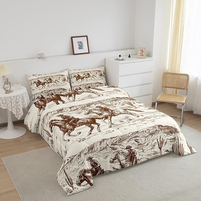 Erosebridal Western Comforter Set Twin Size Cowboy Bedding Set American Wild West Desert Hand Drawn Illustration Down Comforter Country Theme Bedroom Decor Duvet Set for Boys Men Teens