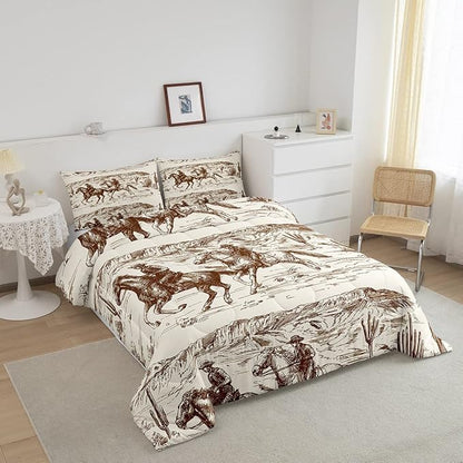 Erosebridal Western Comforter Set Twin Size Cowboy Bedding Set American Wild West Desert Hand Drawn Illustration Down Comforter Country Theme Bedroom Decor Duvet Set for Boys Men Teens