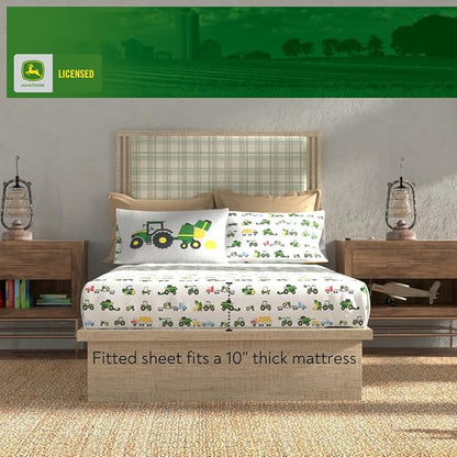 Franco Kids John Deere Farm Equipment Bedding 4 Piece Super Soft Reversible Comforter and Sheet Set, Twin, (Officially Licensed Product)