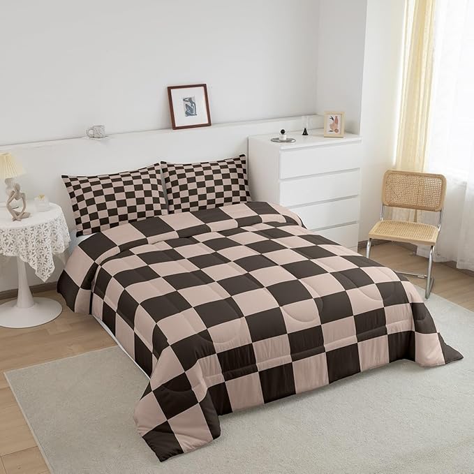 Feelyou Checkered Retro Bedding Set Teen Women Men Gradient Brown Plaid Comforter Set Toddler Size Kids Boys Girls Geometric Vintage Duvet Insert Modern Simple Groovy Aesthetic Room Decor