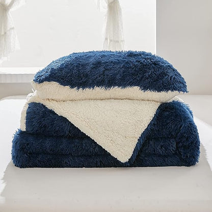 Flysheep Luxury Faux Fur King Size Winter Comforter Set Shaggy Velvet Navy Blue Long Hair, 3 Pieces Plush Flannel Sherpa Backing Reversible Soft Microfiber Super Warm Bedding Set for Holiday