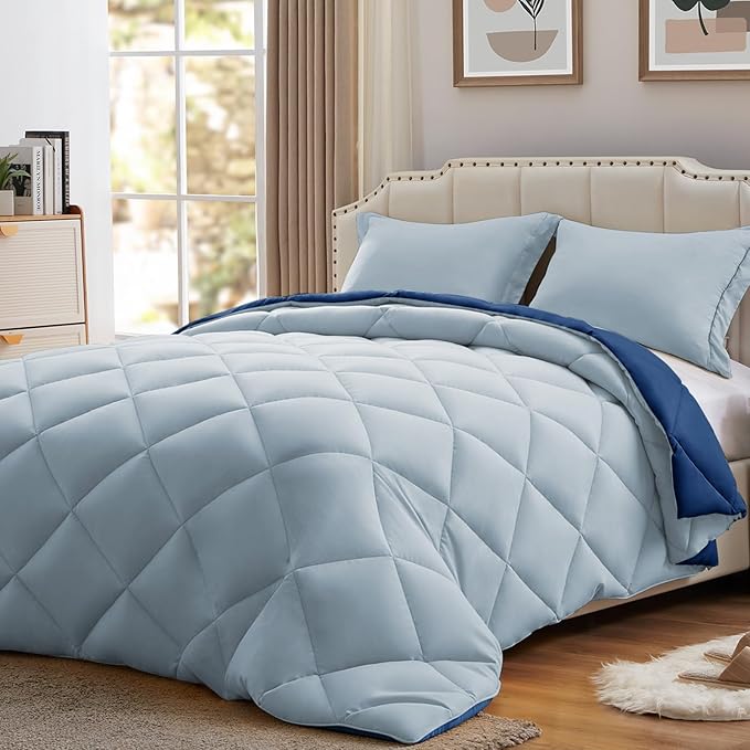 NexHome Queen Comforter Set Navy Blue&Light Blue,3 Pieces Lightweight Comforters Queen Size Reversible Bedding Comforters Sets,Down Alternative Comforter Bed Set Quilt Blanket