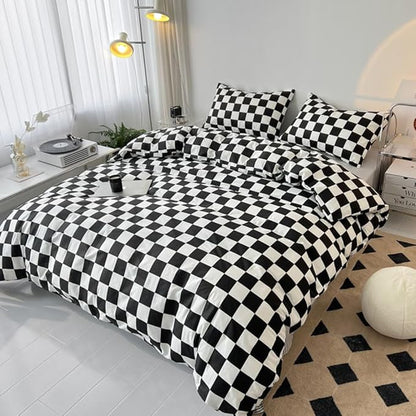 CLOTHKNOW Black White Plaid Full Size Comforter Sets Grid Bedding Comforter Sets Soft Checkered Comforter with 2 x Pillow Cases
