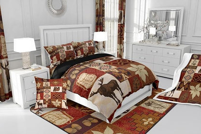 Buffalo Plaid Comforter Set Cabin Decor,Bear Elk Deer Wild Animal Bedding Sets Fall Leaves Pine Cones Duvet Insert Wildlife Hunting Theme Quilt Patchwork Bohemian Floral Down Comforter,Queen 3Pcs