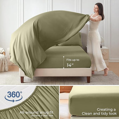 Sasttie King Size Comforter Set, 7 Pieces Bed in a Bag King, Complete Bedding Set Includes Comforter, Flat Sheet, Fitted Sheet, Pillowcases and Pillow Shams, Olive