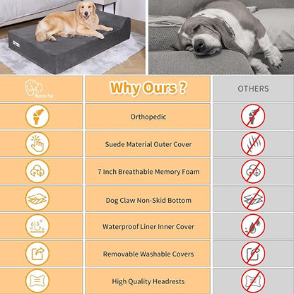 Orthopedic Dog Beds for Large Dogs, 7" Memory Foam Dog Beds with Waterproof Liner, Durable Microsuede Cover, Removable and Washable, Nonskid Bottom, 60"x48"x7" XXL Grey