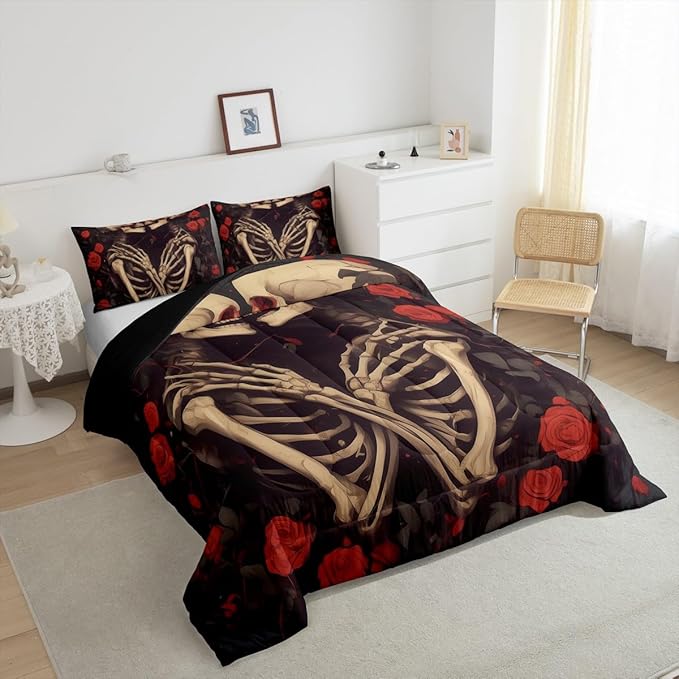 Erosebridal Sugar Skull Down Comforter Toddler Size, Gothic Skeleton Bones Comforter Set, Halloween Horror Bedding Set, Rose Flower Quilt for Teens Youth Adult Women Men Room