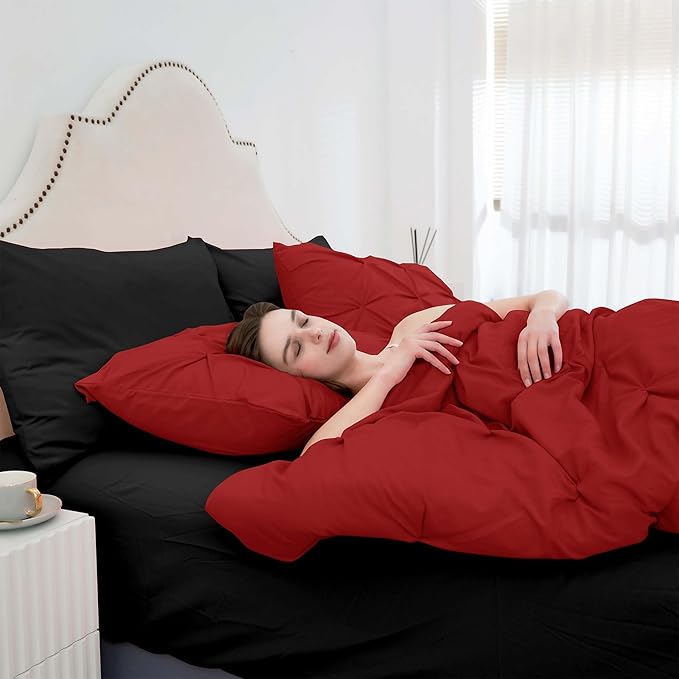 Ubauba 7pc King Size Comforter Set with Sheets, All Season Pintuck 7 Piece Bedding Sets Red and Black, Pinch Pleating Bed in a Bag Set with Comforters (Red and Black,King)