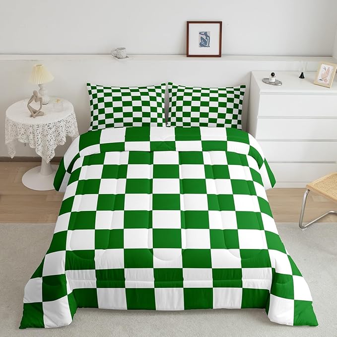 Feelyou Checkered Retro Bedding Set Teen Women Men Green White Plaid Comforter Set Toddler Size Kids Boys Girls Geometric Vintage Duvet Insert Modern Simple Groovy Aesthetic Room Decor