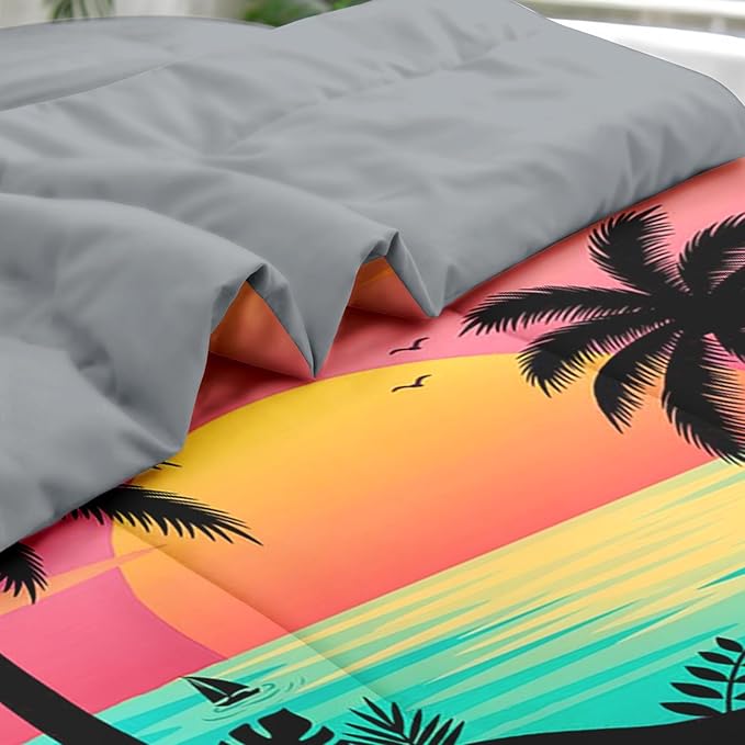 Comforter Set Full Size, Beach Sunset Palm Tree 7 Pcs Bedding for Kids and Adults, Colorful Retro Tropical Bed Sheet Sets with Fitted Sheet 2 Pillowcases & 2 Shams for Bedroom Bed Decor