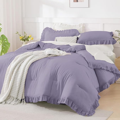 Andency Purple Twin Size Comforter(66x90Inch), 2 Pieces Ruffle Solid Farmhouse Shabby Chic Comforter Set, Lighteweight and Soft Microfiber Bedding Set