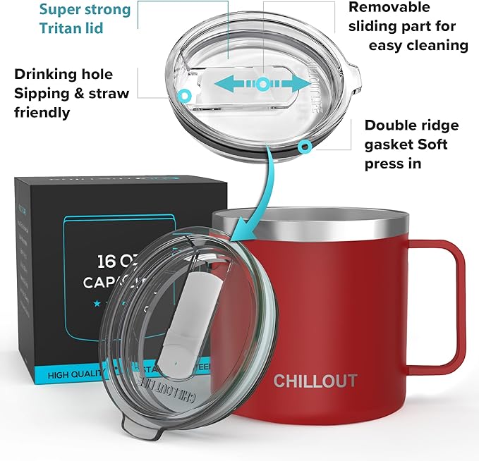 CHILLOUT LIFE Stainless Steel 16 oz Vacuum Insulated Coffee Mug with Handle and Lid, Large Thermal Camping Coffee Mug Cup with Durable Sliding Lid for Men & Women, Keeps your Beverages Hot & Cold