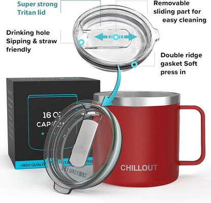 CHILLOUT LIFE Stainless Steel 16 oz Vacuum Insulated Coffee Mug with Handle and Lid, Large Thermal Camping Coffee Mug Cup with Durable Sliding Lid for Men & Women, Keeps your Beverages Hot & Cold