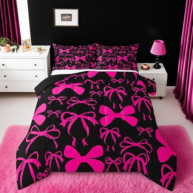 Feelyou Cute Bowknot Bedding Set Boys Girls Queen Size Bow Comforter Set for Kids Women Men Ultra Soft Pink Girls Bow Comforter Kawaii Bow Duvet Set Room Decor Lovely Decor Quilt Set