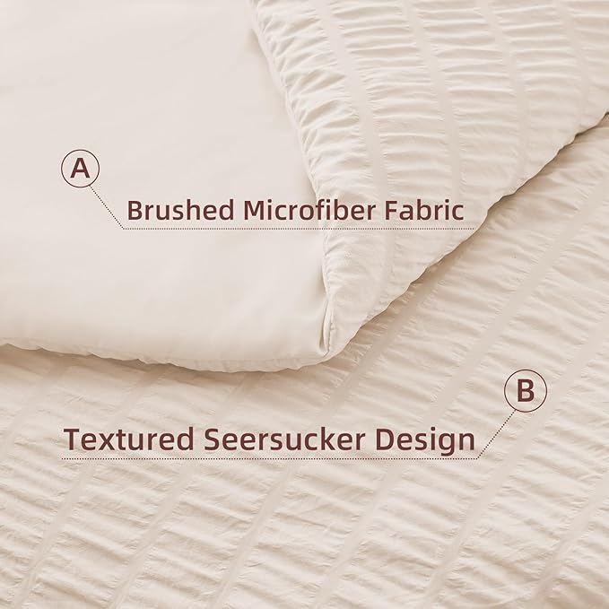 FUANNA King Size Comforter Set 7 Pieces, Luxury Seersucker Bed in a Bag King for All Seasons, Soft King Bedding Set with Comforter, Flat Sheet, Fitted Sheet, Pillowcases & Shams for Bedroom, Beige