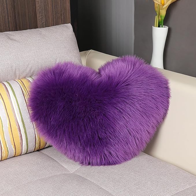 HANDKEI Love Pillow, Heart-Shaped Long Plush, Pink Imitation Wool, Living Room Sofa, Cute Cushion, Bedside Cushion (Purple, 11.81 inch X 15.74 inch)