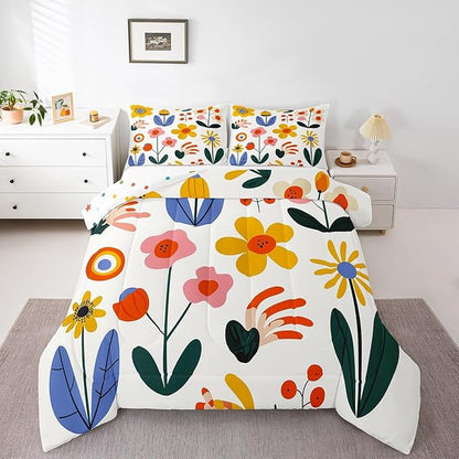 Hippie Floral Kids Comforter Set King Size,Groovy Flowers Leaves Cartoon Sketch Reversible Quilted Duvet with 2 Pillowcases Vintage 80s Retro Bohemian Down Comforter for Boys Teens Bedroom