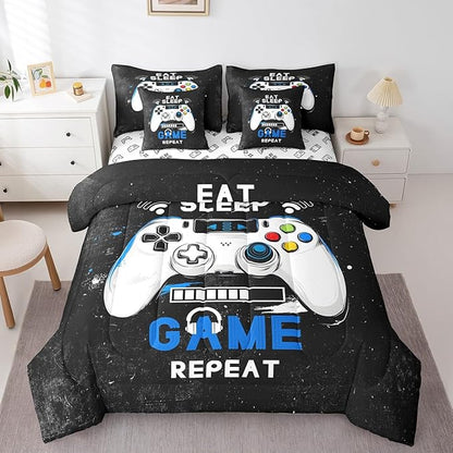 jejeloiu Eat Sleep Game 7 Piece Bedding Set King Size Cartoon Gamer Comforter Set with Sheets for Kids Boys Girls Modern Game Bed in a Bag Black Blue Bed Set