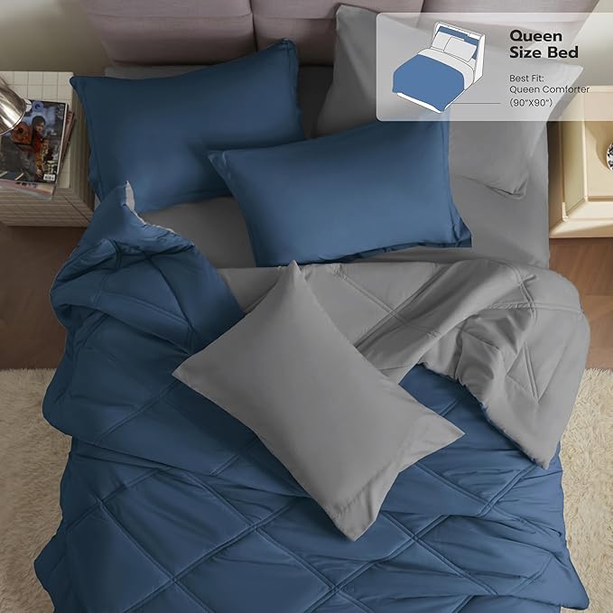Joiedomi Queen Comforter Set with Sheets Navy Blue, 7 Pieces Queen Bed Set with 1 Down Alternative Comforter, 1 Flat Sheet, 1 Fitted Sheet, 2 Pillowcases and 2 Pillow Shams, Bed in a Bag All Seasons