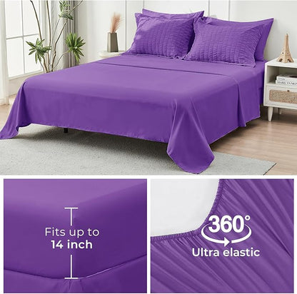 HYMOKEGE Dark Purple Twin Comforter Set Seersucker 5 Pieces, All Season Luxury Bed in a Bag for Bedroom, Bedding Set with Comforter, Sheets, Pillowcase & Sham