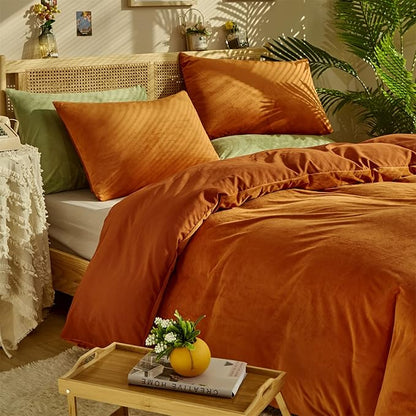 CLOTHKNOW Burnt Orange Fluffy King Size Comforter Set Velvet Bedding Comforter Sets Soft Rust Caramel Comforter with 2 x Pillow Cases