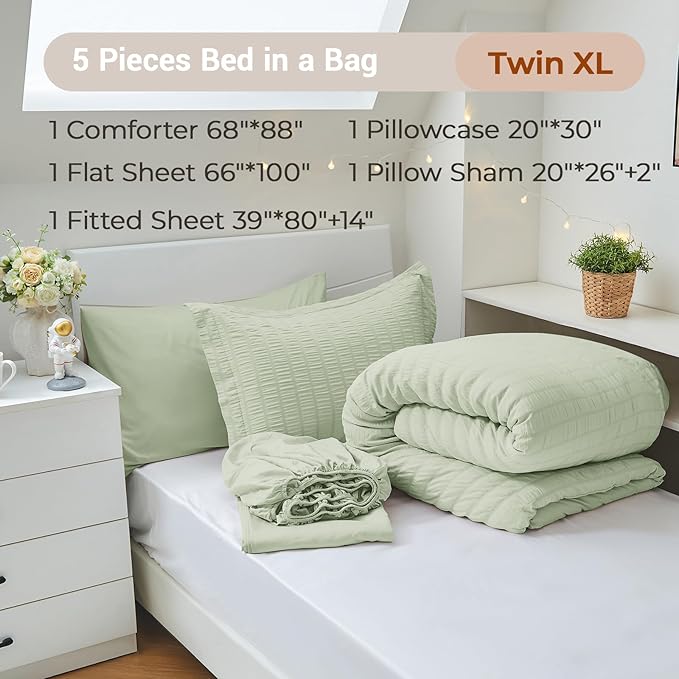 MUXHOMO 5 Pieces Twin XL Comforter Set, Seersucker Bed in a Bag Twin XL Size, All Season Luxury Bedding Set with Comforter, Flat Sheet, Fitted Sheet, Pillowcase & Sham, Light Green