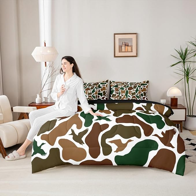 Erosebridal Camo Army 7 Piece Bedding Set Twin Hunting Duck Comforter Set with Sheets Military Camouflage Bed in a Bag Wild Farmhouse Woodland Bed Sets Comforter