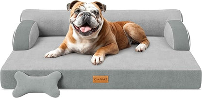 Large Orthopedic Dog Bed, Pet Bed Large Size Dog, Dual-Sided Cooling Beds with Memory Foam Washable Cover Nonslip Bottom, Waterproof Pet Beds with Bolsters, Light Grey