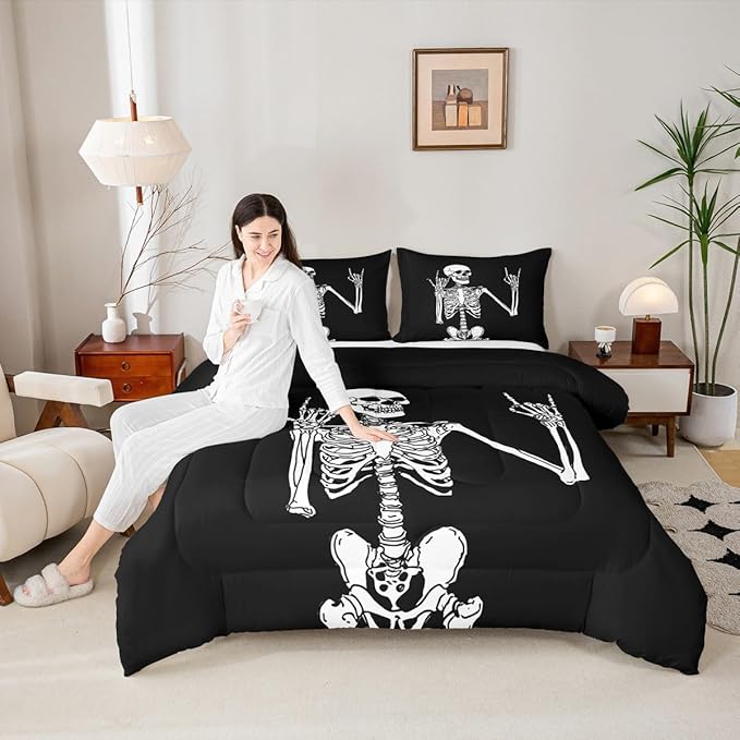 Erosebridal Gothic Skull Toddler Bedding Set, Halloween Rock Roll Music Hippie Posing Skeleon Comforter Set, Black Comforter, Funny Skull Skeleton Victory Quilt with 1 Pillowcase