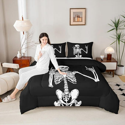 Erosebridal Gothic Skull Toddler Bedding Set, Halloween Rock Roll Music Hippie Posing Skeleon Comforter Set, Black Comforter, Funny Skull Skeleton Victory Quilt with 1 Pillowcase