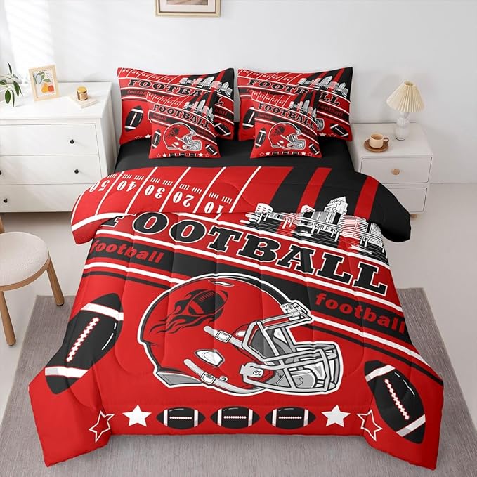 Feelyou Football 7 Pieces Comforter Sets Twin Size Kids Bedding Set for Boys Kids Teen Sports Theme Football City Bed in a Bag with Comforter, Sheets, Pillowcases & Cushion Cover