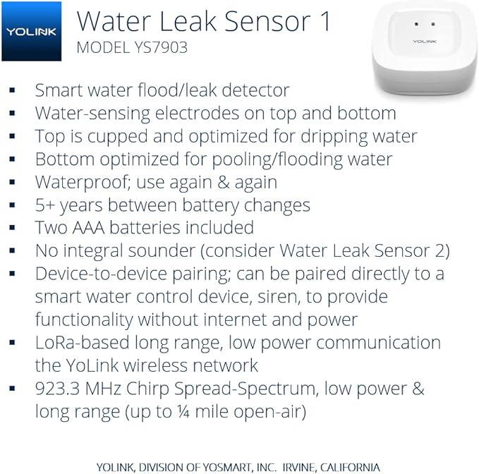 YoLink Water Leak Detection Starter Kit, w/SpeakerHub Audio/Talking Hub & Water Leak Sensor 1, LoRa Up to 1/4 Mile Open-Air Range, SMS/Text, Email & Push Notifications, w/Alexa, IFTTT, Home Assistant