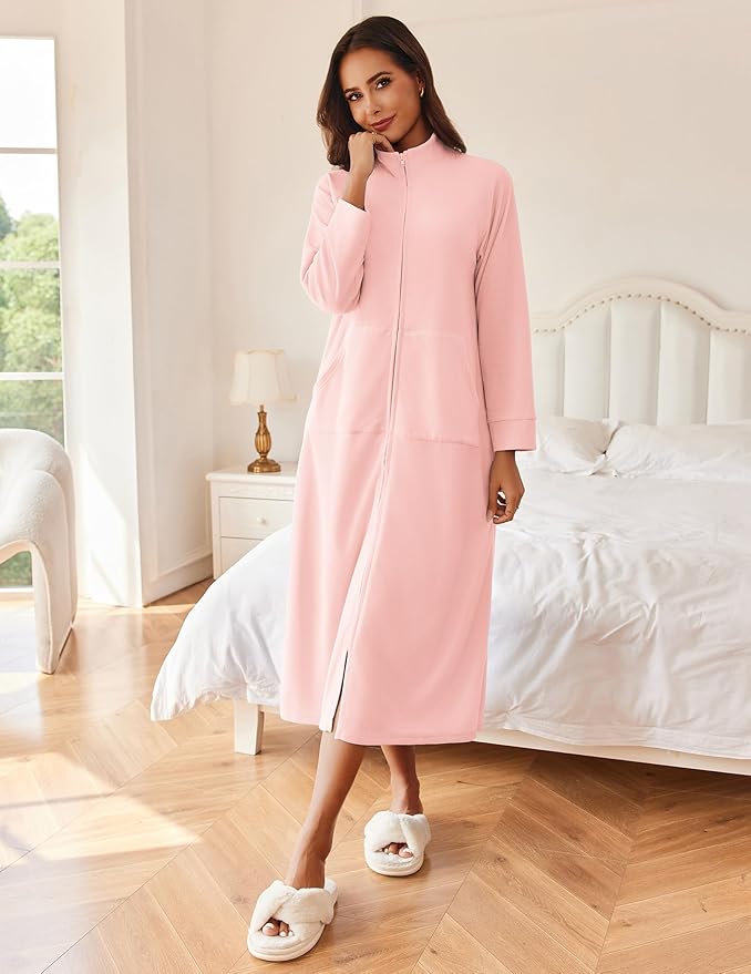 Ekouaer Women Zipper Robe Long Sleeves House Coat Soft Bathrobe Sleepwear with Pockets Housecoat Loungewear