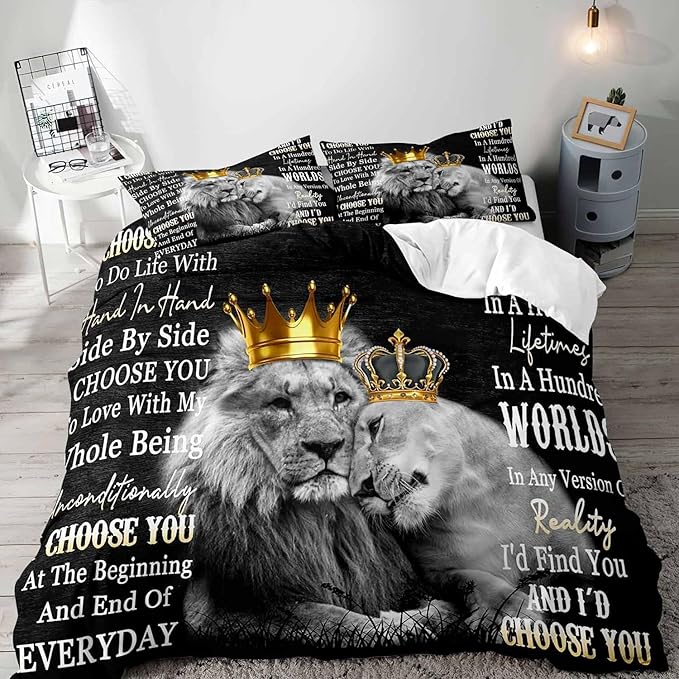 LUVIVIHOME 3PCS Lion Duvet Cover, Lion King Bedding Set, Black Duvet Cover, African Safari Animal Comforter Bedspread Quilt Cover, Couples Gifts, Romantic Gifts for Him, I Choose You, 2 Pillow Shams