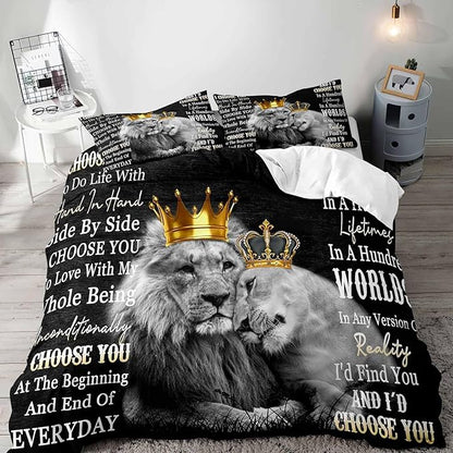 LUVIVIHOME 3PCS Lion Duvet Cover, Lion King Bedding Set, Black Duvet Cover, African Safari Animal Comforter Bedspread Quilt Cover, Couples Gifts, Romantic Gifts for Him, I Choose You, 2 Pillow Shams