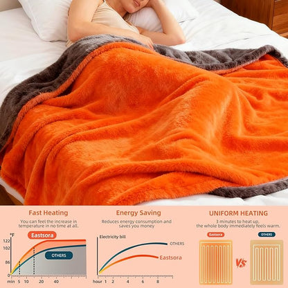 Electric Heated Blanket Throw 50" x 60" Soft Dual-Sided Flannel Fast Heating 12 Heat Levels 1–12H Timer & Overheat Protection & Auto Shut-Off & Machine Washable (Orange)