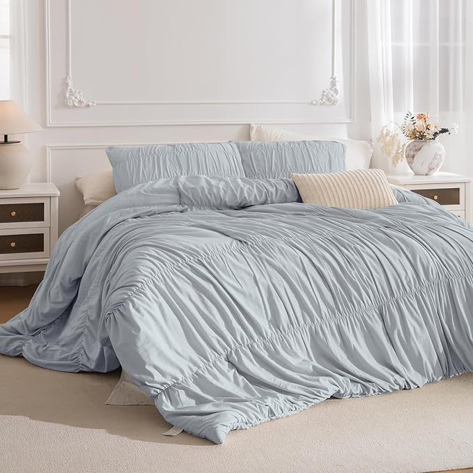 Lady Ann King Comforter Set Light Blue Ruched Bedding Comforter Sets for Bedroom, Ultra Soft Ruffle Fluffy King Size 106"*95" Shabby and Chic Bed Sets, 3PCS