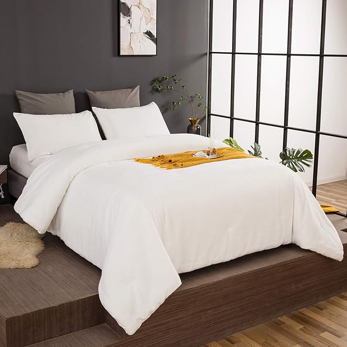 Luxlovery Fluffy White Velvet Comforter Set - Full, Plush, Warm Sherpa Micromink Comforter with 2 Pillowcases