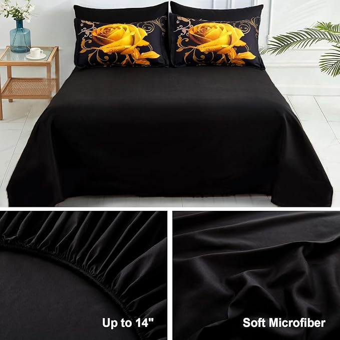 WONGS BEDDING Yellow Comforter Set Queen, Reversible Yellow Rose 7 Pieces Bed in a Bag, Lightweight Soft Microfiber Bedding Sets with Flat Sheet, Fitted Sheet, Pillowcases & Shams