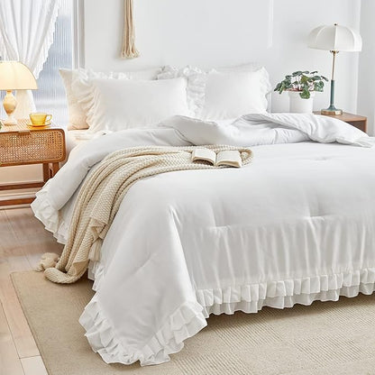 White Ruffled Comforter Set King Size, 3 Pieces (1 Ruffled Comforter and 2 Pillowcases) Farmhouse Shabby Chic Style with 2 Layers Ruffle, Solid Color Lightweight Fluffy Bedding Sets for All Season