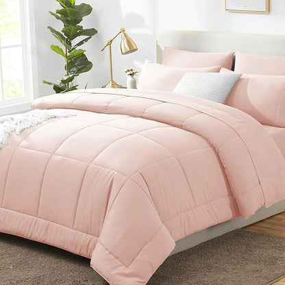 CozyLux Oversized King Comforter Sets Blush Pink, 7 Pieces Bed in a Bag, Ultra-Soft All Season Bedding Sets with Stitch Quilted Comforter, Flat Sheet, Fitted Sheet, Pillowcases, Blush Pink