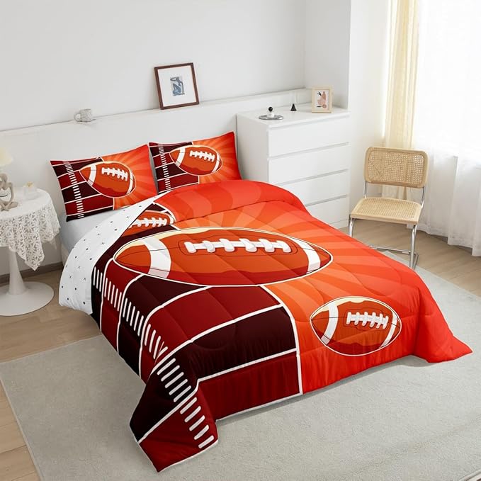 Feelyou Rugby Comforter Set Twin Size Sports Themed Comforter for Boys Girls Teens Football Bedding Set Gift for Football Lover Duvet Set Orange and Brown Quilt Set
