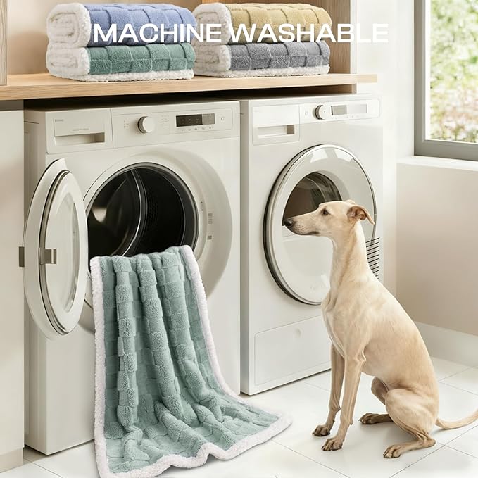 Luciphia Waterproof Dog Blanket for Large Dogs Washable Soft Sherpa Fleece Cat Blankets with 3D Jacquard Cozy Calming Reversible Bed Couch Protector Furniture Protection for Pet,Green White,65x57 inch