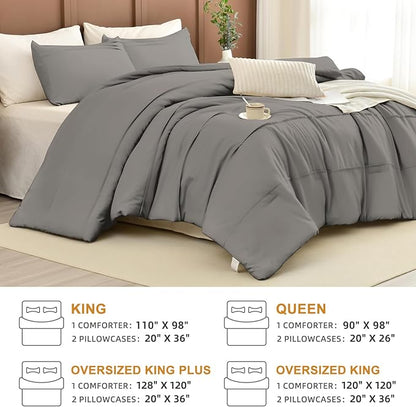 Masaca Grey Oversized King Comforter 128x120,Pinch Pleated Extra Large King Size Bedding Comforter,Farmhouse Boho Bedding 3PCS (1 Gray Comforter+2 Pillow Shams)