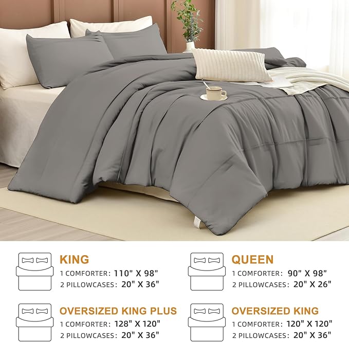 Masaca Grey Oversized King Comforter 120x120,Pinch Pleat California King Comforter Oversized,Vintage Farmhouse Boho Gray Bedding Comforter for All Season