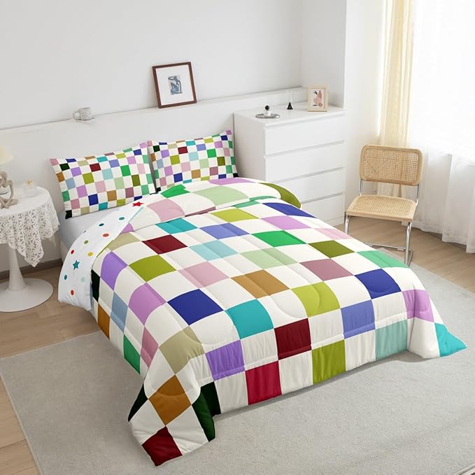Feelyou Colorful Checkered Bedding Set Teen Women Men Retro Modern Geometric Colorful Comforter Set Full Size Kids Boys Girls Cute Neutral Plaid Duvet Insert Vintage Aesthetic Room Decor